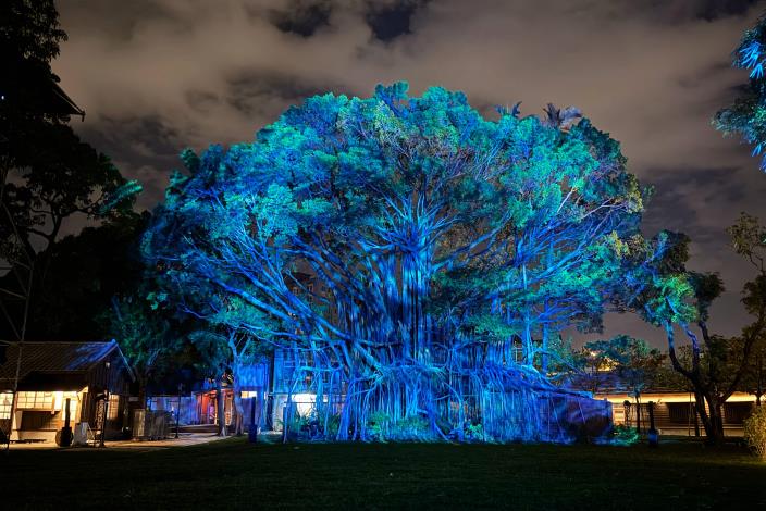 「大樹榕光」以光影、水霧、音樂等營造國漫館夜間不一樣的風景。