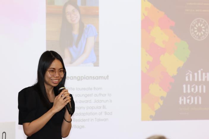 泰國作家吉妲楠．莨翩莎姆（Jidanun_Lueangpiansamut）為泰國館焦點作家，今在記者會上表示非常期待在台北國際書展與台灣的讀者們交流。