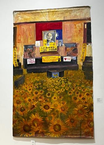 藝術家劉宗榮畫作「照亮黑暗」展現人民關心議事的堅持，以太陽花代表人們的希望與陽光，向駐守街頭的民眾致敬。
