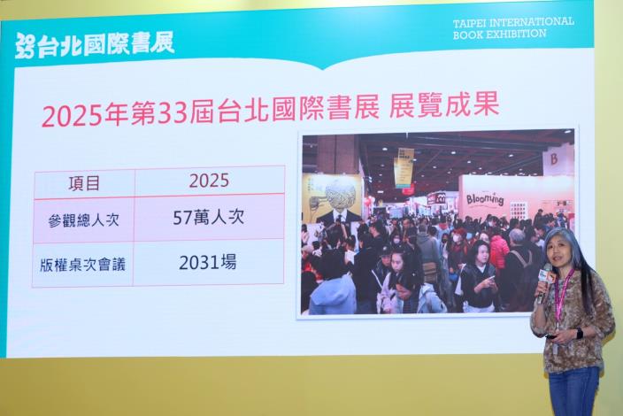 台北書展基金會董事長吳韻儀分享「2025台北國際書展」展覽成果，共吸引57萬名民眾參觀；版權桌次達2031桌次，更創下歷年紀錄。