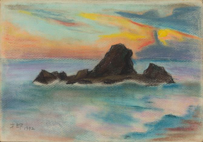 〈蘭嶼黃昏的軍艦島〉1972_粉彩、畫紙，27_x_38.5_公分，藝術家提供