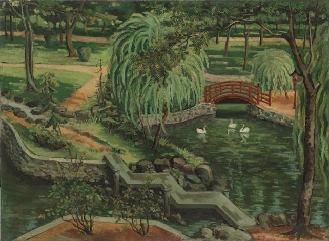 翁崑德，〈公園(橋2)〉，1943年，油彩、畫布，72.3 x 99公分。