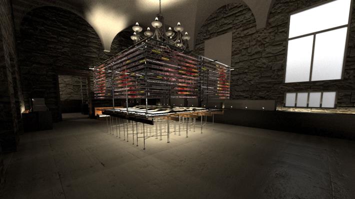 H2O Studio_NON-Belief in TECHisland (Exhibition space)_2024_E-paper, Honeycomb Paper, Steel Structure_Digital rendering and laser cutting_Courtesy of National Taiwan Museum of Fine Art