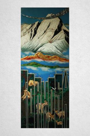 縮檔-駐園作品展作品《福爾摩沙》，由漆藝工藝師王清源創作，以臺灣最具代表性的高山與動物為主題，向如母親般的臺灣致敬(國立傳統藝術中心提供)