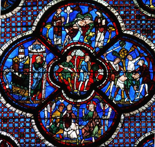 法國夏爾特主教座堂中彩窗裡的聖經 比喻「好心的撒馬利亞人」。（圖 片來源：MOSSOT, CC BY-SA 3.0, via Wikimedia Commons,https://commons. wikimedia.org/wiki/File:Chartres_-_ Vitrail_de_la_Parabole_du_bon_ samaritain-2.jpg）