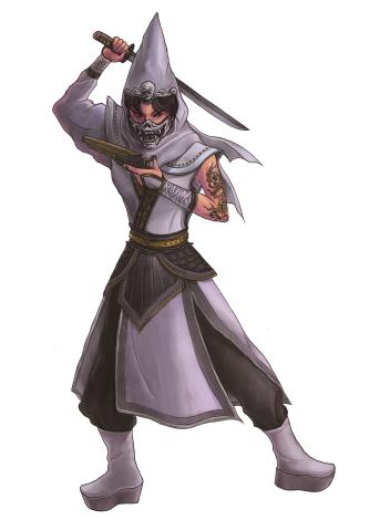《金銀天狗》反派「白骨黨」以武士刀與手槍的混搭造型，展現強烈視覺衝擊。呂瓊珷匠心翻新舊文本，深掘角色人性，將劇情推向最具張力的情感高潮。（國立傳統藝術中心提供）