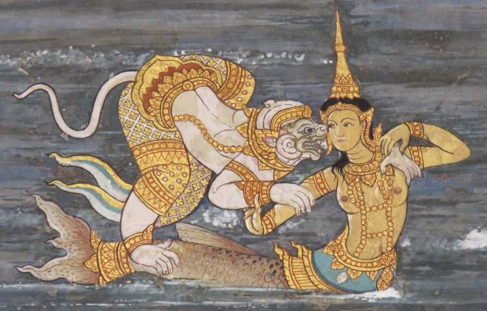 哈努曼示愛人魚素攀瑪差。壁畫，1982年修復，曼谷大皇宮。