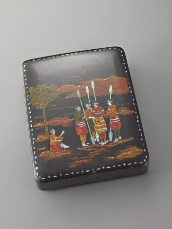 黑漆彩繪杵歌紋硯臺盒，於國立傳統藝術中心典藏。
