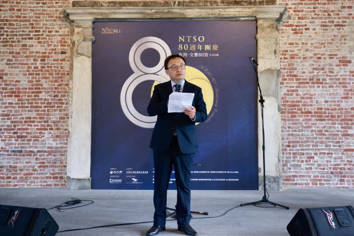 國臺交團長歐陽慧剛於80週年宣告記者會致詞，回顧樂團發展並展望未來方向。