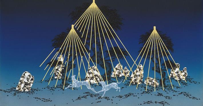 葉仁焜  《最長的相擁Ⅳ》  2025  水墨、膠彩、銀箔、金箔、畫布、絹  80×150 cm