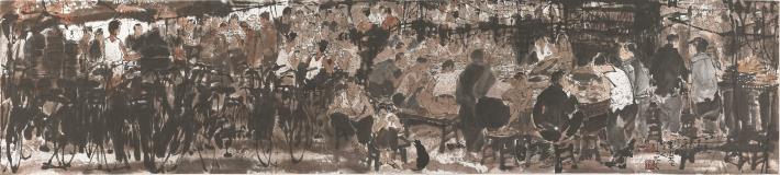 史博館「李奇茂百年展」展出李奇茂1995年作品「台南夜市」，展現水墨大師以傳統筆法融合西洋速寫技巧，對於人物的敏銳觀察力。
