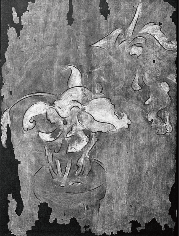 Ｘ射線從張萬傳《淡水觀音山》畫作四邊缺損的顏料層中完全穿透，形成影像中最深的黑色區塊，揭露出畫作的底層還有另一幅向右倒置的花卉構圖。