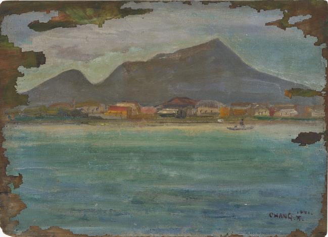 史博館展出張萬傳1951年作品 《淡水觀音山》，修護發現畫作的底層還有另一幅向右倒置的花卉構圖。