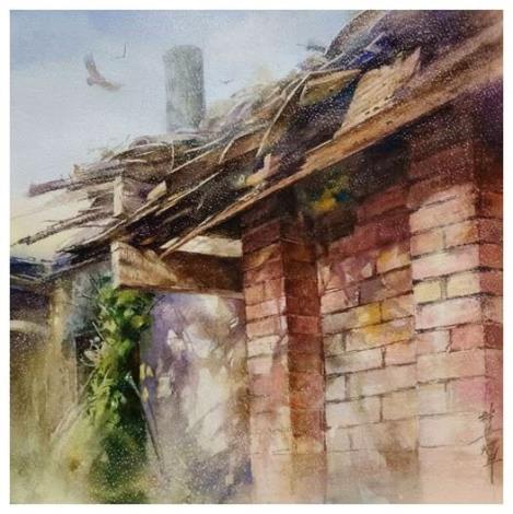 林世輝作品  老宅的光影-水彩-38x38cm-2025