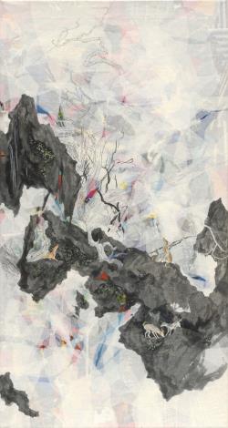 陳芷若 讓你歇息的山林 The Forest Where You May Rest  水墨、膠彩、印刷品、水墨用紙 131x70cm 2024