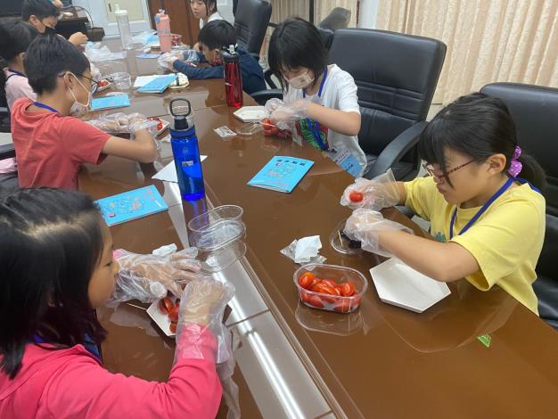 Children hard at work making cherry tomato preserves.