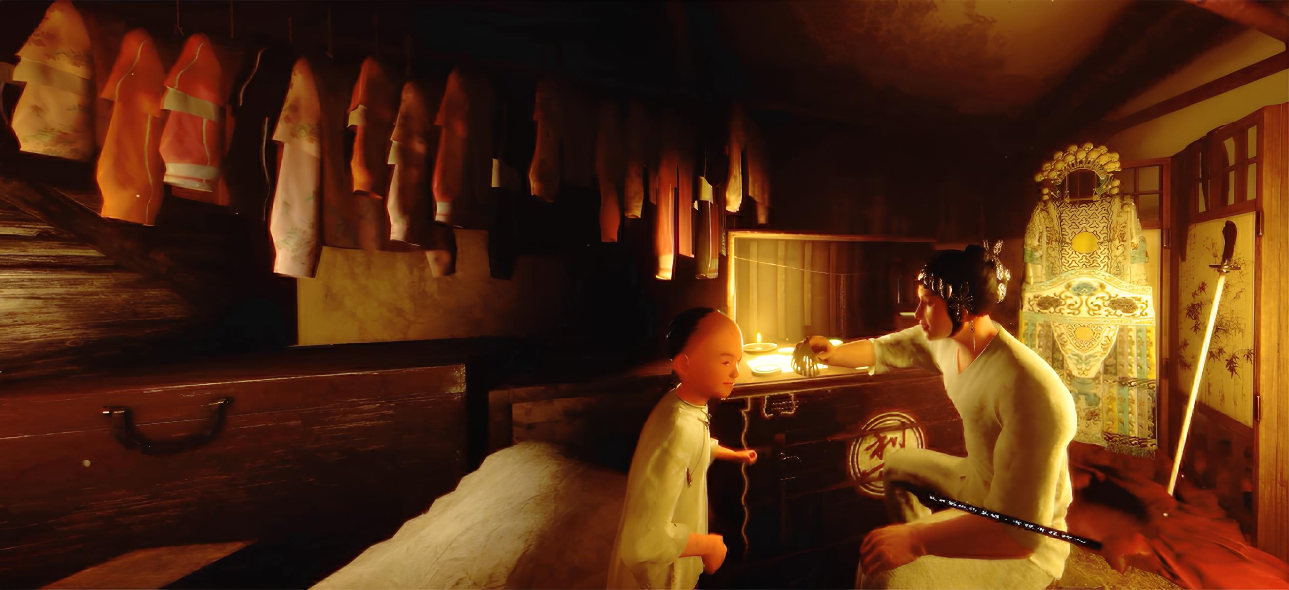 Still from Seáhuán. After finishing a Beiguan opera performance, Ah-Huo retreats backstage, where he shares laughter and precious time with his son.