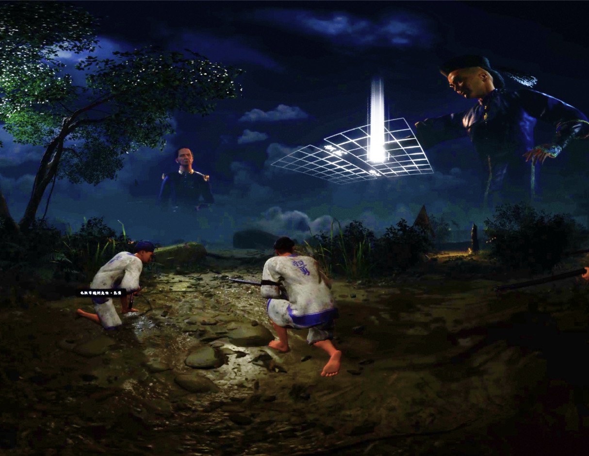 Still from Seáhuán. VR depicts the battle as a strategic chess match between the Qing and French commanders, with each move symbolizing a military tactic.