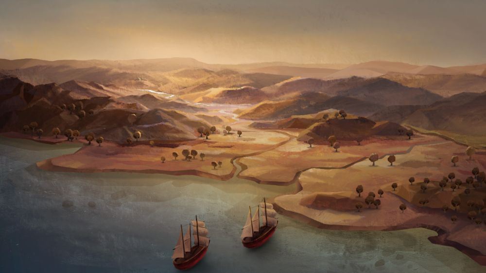 Still from Paliljaw 1874. A bird's-eye view of the Hengchun Peninsula: an outsider's perspective looking from the outside into the island.