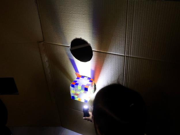 將光影盒子放置於開口處，嘗試將光源從不同角度照射