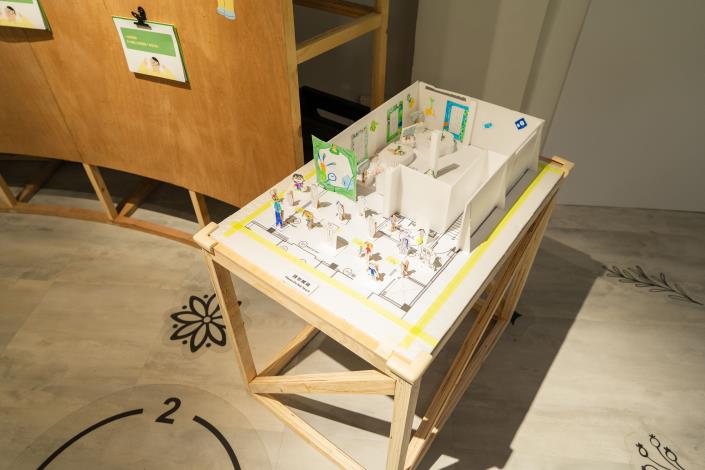 04_展場設計以工作坊中小小展示設計師所做的規劃為基礎進行優化，現場也可以看到孩子們親手製作的展場模型。