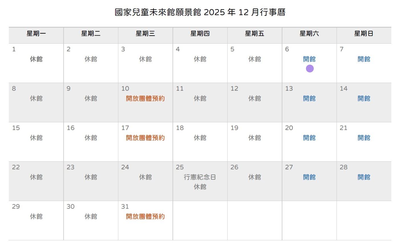 國家兒童未來館願景館2025年12月行事曆