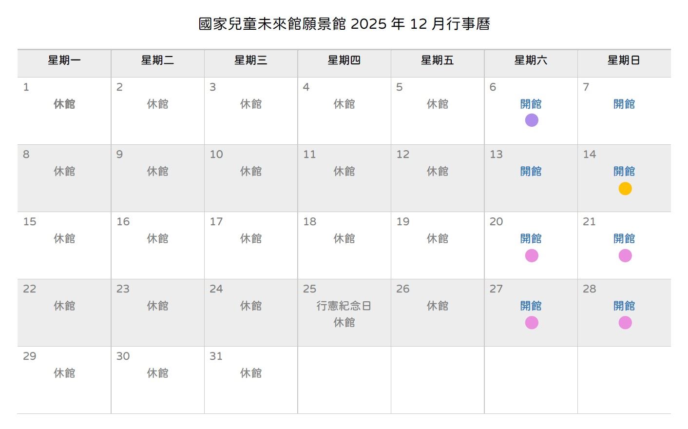 國家兒童未來館願景館2025年12月行事曆
