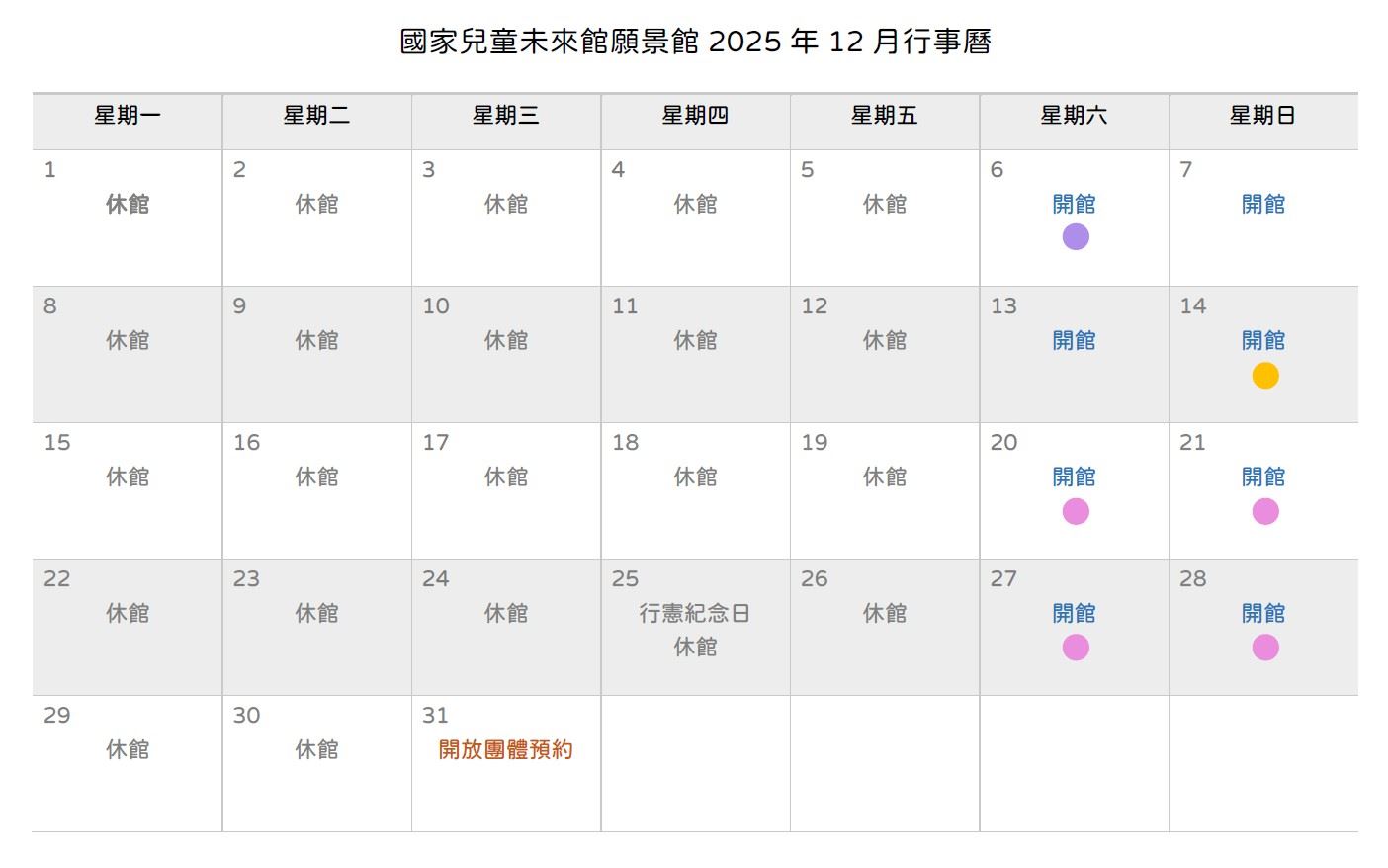 國家兒童未來館願景館2025年12月行事曆