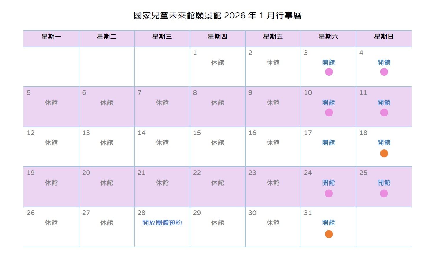國家兒童未來館願景館2026年1月行事曆