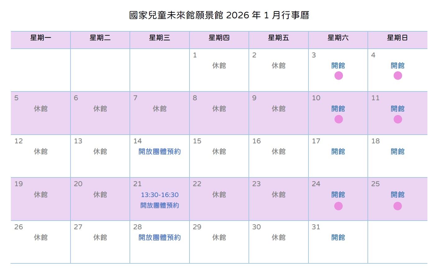 國家兒童未來館願景館2026年1月行事曆