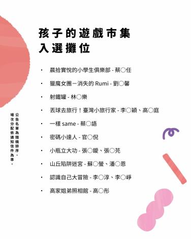 國家兒童未來館－兒童創意遊戲市集錄取名單