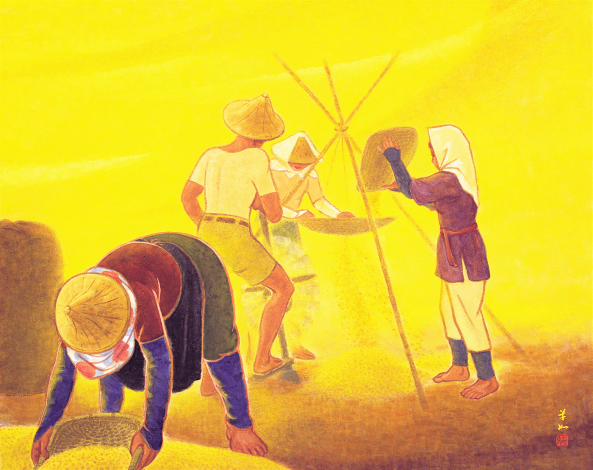 蔡草如《粒粒皆辛苦》1991年、膠彩・紙本、90.9 × 72.7 cm