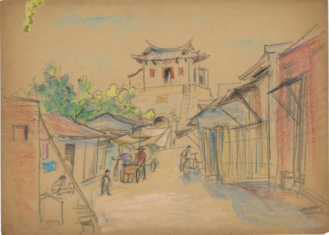 蔡草如 小西門 約1960 蠟筆、紙本 35 × 24.5 cm
