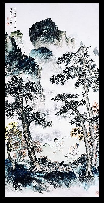 踏歌圖　1951　137×68cm　設色紙本－款題：“香凝寫松，承志畫人物，辛卯五月佩衡補景”。