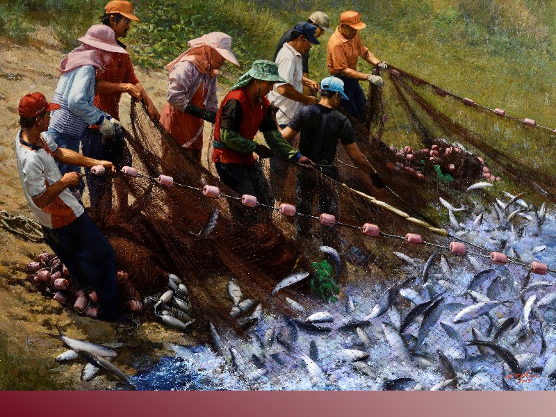 辛勤工作的漁夫，面對豐收後的愉悅與滿足，畫面充分表露無疑。（完形美學-陳輝東個展於中山國家畫廊展至105/1/3）