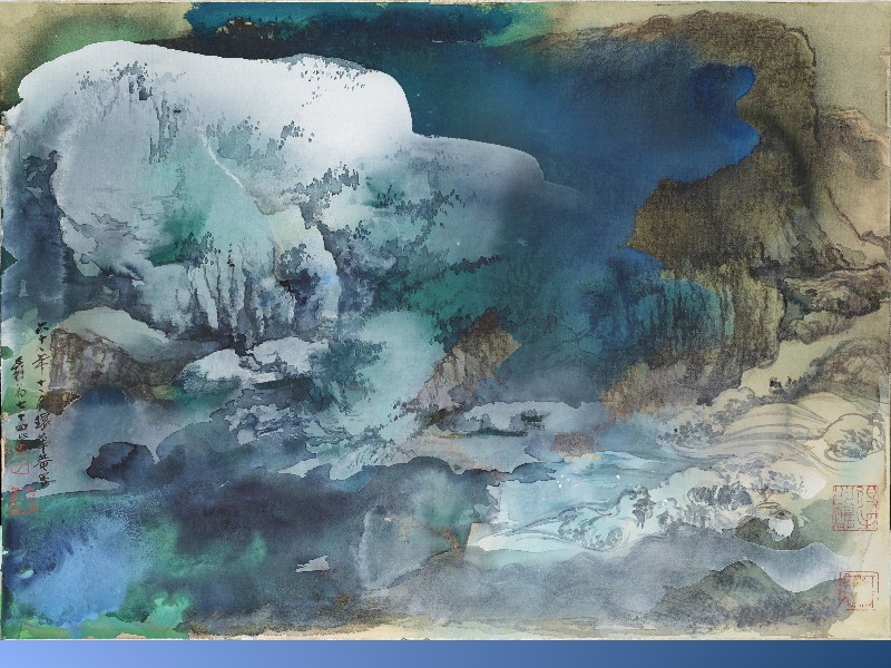 Snow mountain on the upper left corner and ice ocean on the bottom right corner divide two different worlds. The masterpiece of snow scene was painted by Jang Da-chia.(Modern China Calligraphy Exhibition from now to 1/20 )