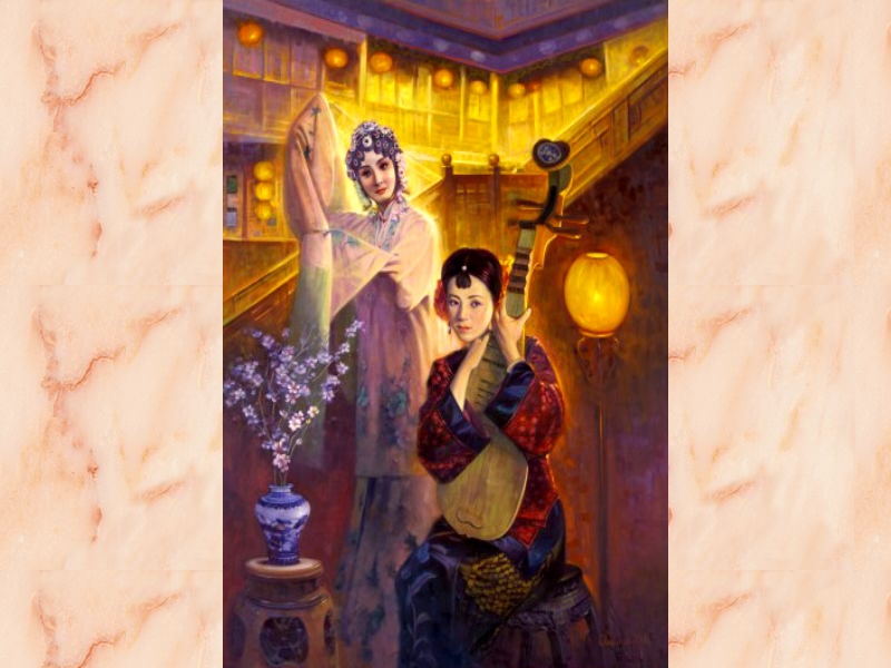 作者以暈黃燈光的樓階烘托全局，呼應角落若有所思的女伶，散發出人去樓空，繁華落盡的景象。（陳立偉個展-東方琴韻系列創作於德明藝廊展至4/16）