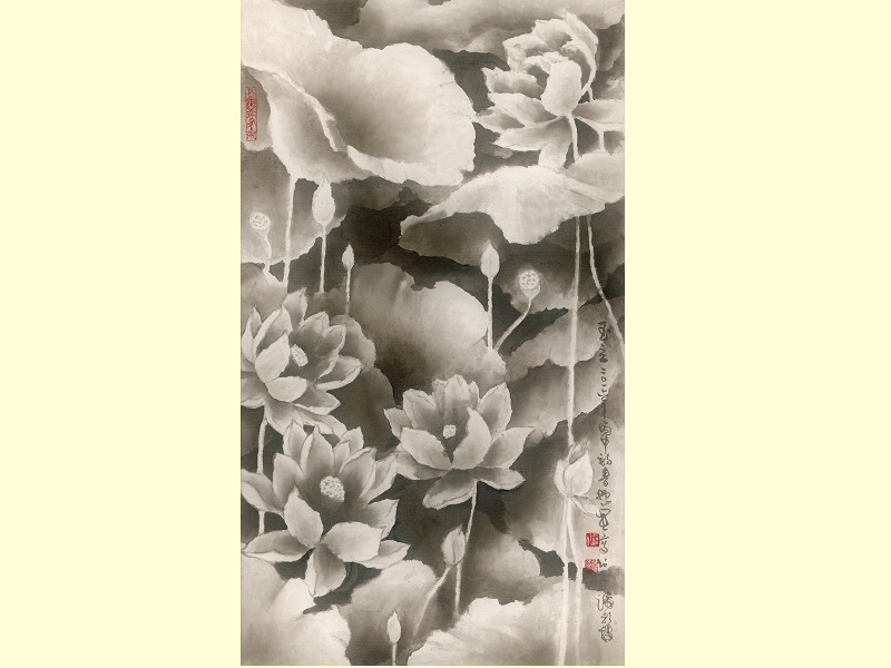 2022 “The 85th Tai Yang Art Special Exhibition”- Lo Cheng-Hsien – “Graceful Lotuses”-81×47cm-2021