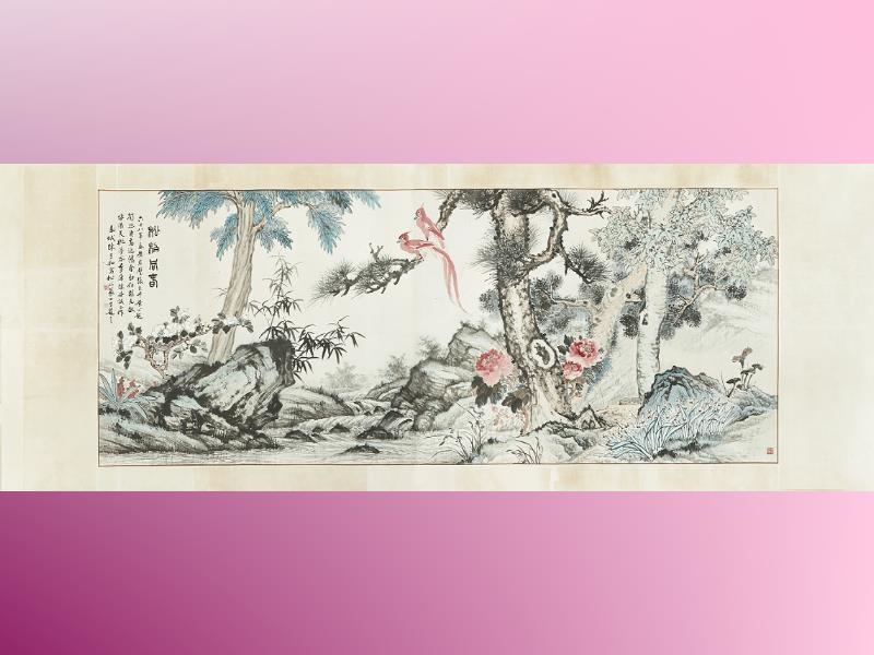國父紀念館「建館五十週年典藏特展」精選展出99幅作品，見證近50年的臺灣現代美術發展景況。〈松柏同春〉邀請黃君璧、張大千等12位渡臺前輩書畫家，於民國68年完成合繪之作品，具有藝術性與文獻性的雙重價值。
