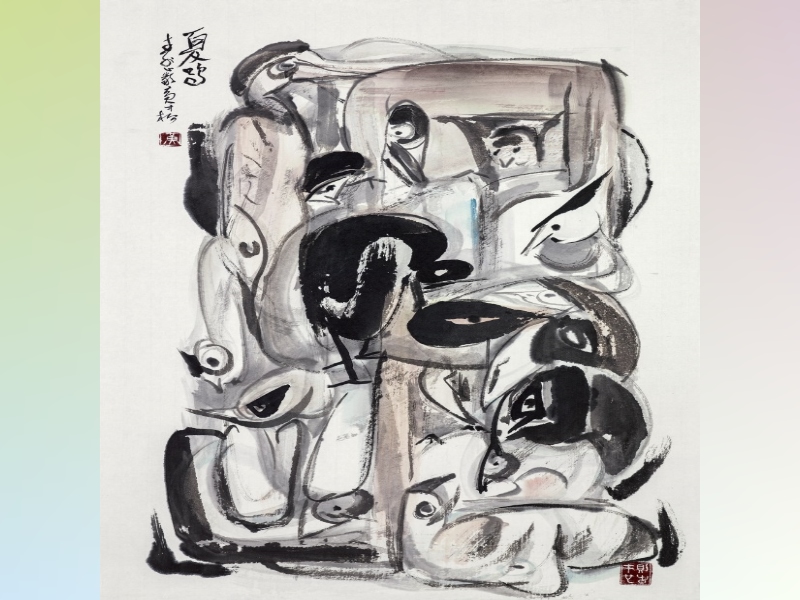 For years in America, the painter witnessed the scenes of various unidentified migrating birds flocking together and resting, and completed this ink work in a free and abstract style, anticipating that the world would pay more attention to environmental protection and work together to create a clean environment.（The 25th Anniversary Members Exhibition of the Ching Liu Painting Society, 3/11-3/26 at the Yat-sen Gallery)