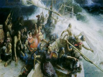 Yim Mau-kun, “Taiwan’s Forefathers─ Crossing the Stormy Strait,” 160×300cm_1996(open in a window)。