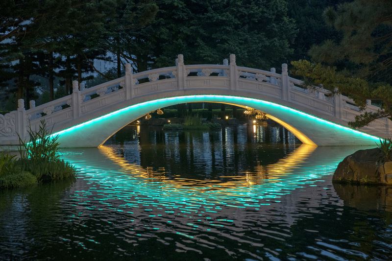 Bridge lit up at night (blue-green)