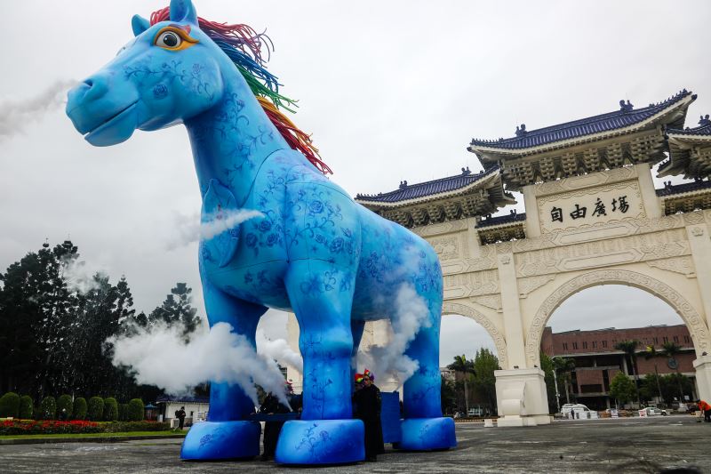 Blue horse statue placed in front of S.Y.S Memorial Hall