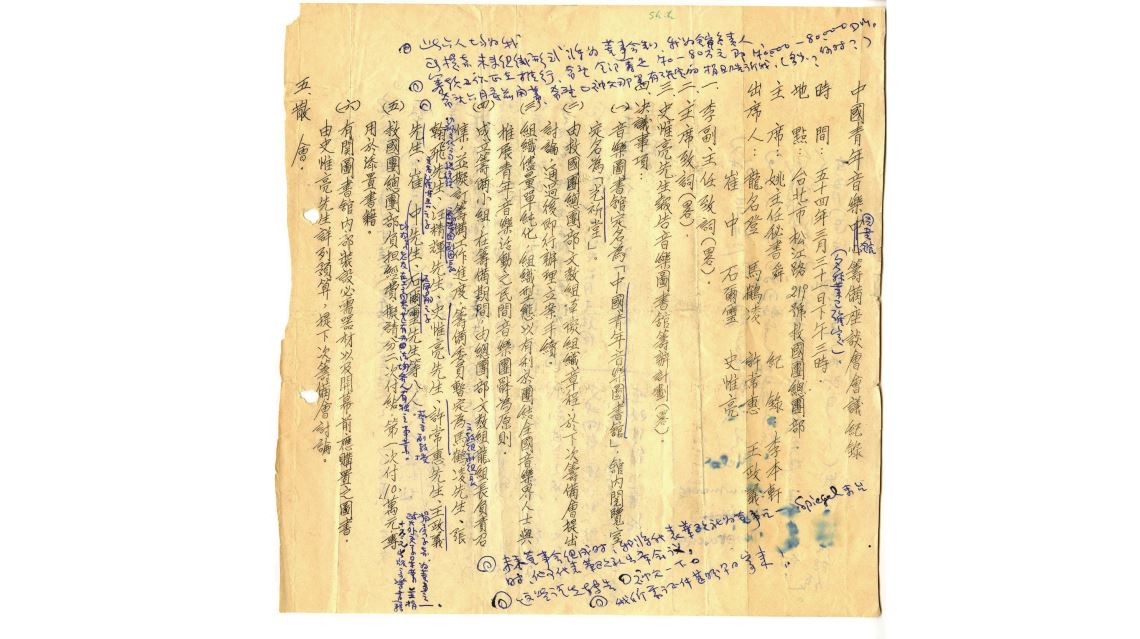 1965年3月31日，中國青年音樂圖書館籌備座談會會議紀錄，上面可以看到原始打印版本中，寫的是「中國青年音樂中心」，在會議中被改成「圖書館」。